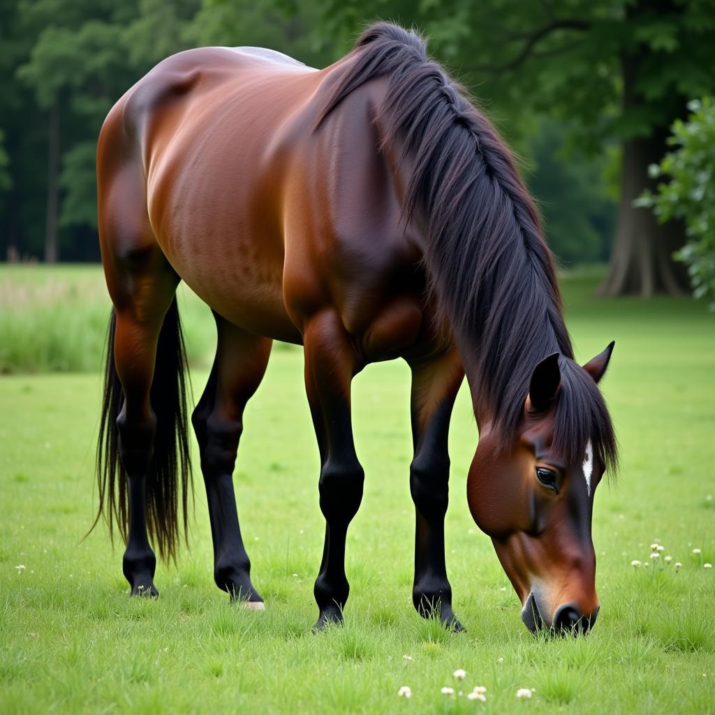 A healthy horse grazing in a green pasture, having been rescued from a situation of severe neglect. This image represents hope and recovery after "horse hell."