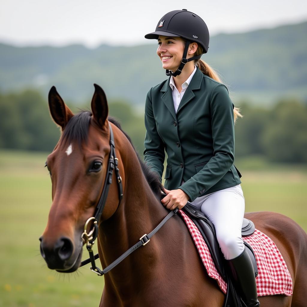 Happy rider demonstrating the comfort provided by horse dickies