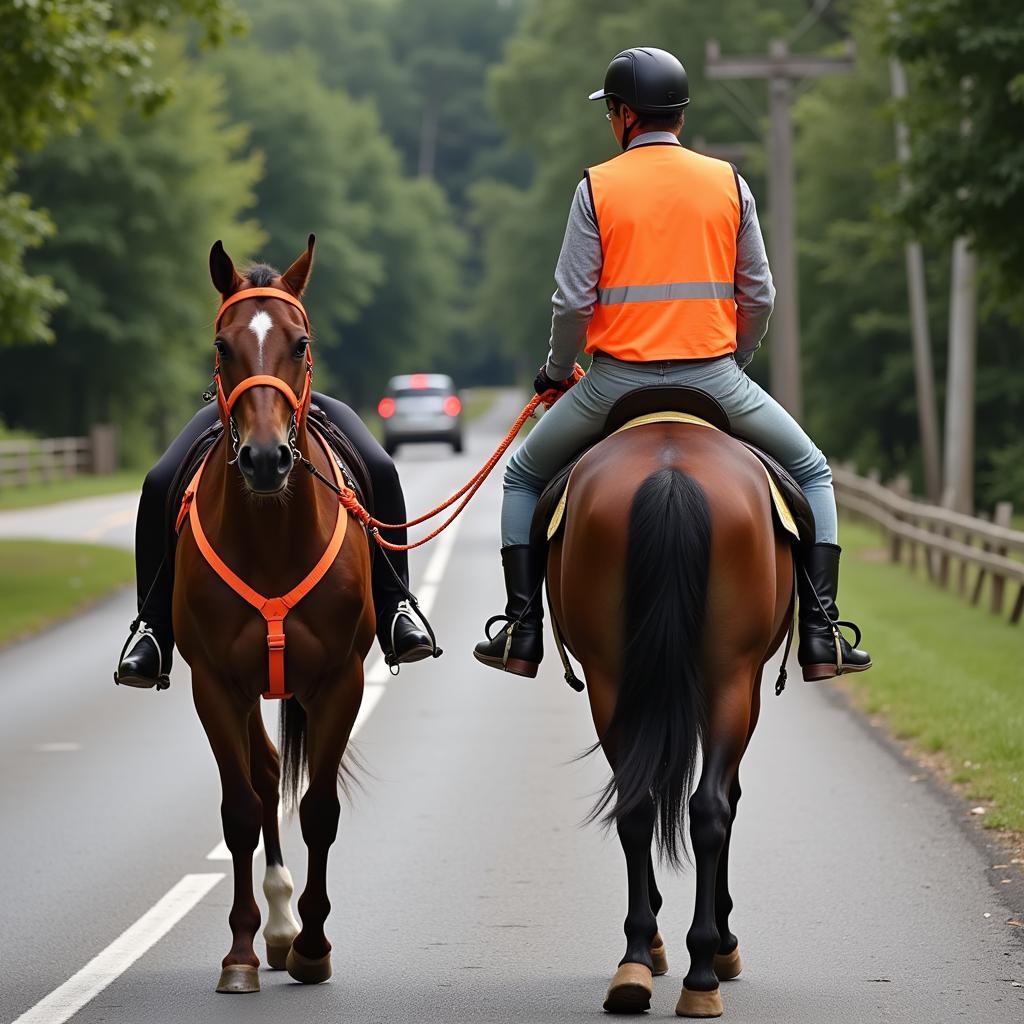 Rider with safety orange horse tack near a road