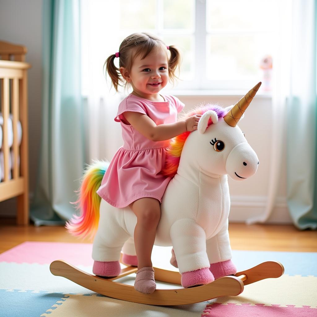 Toddler Playing with a Rocking Horse Unicorn