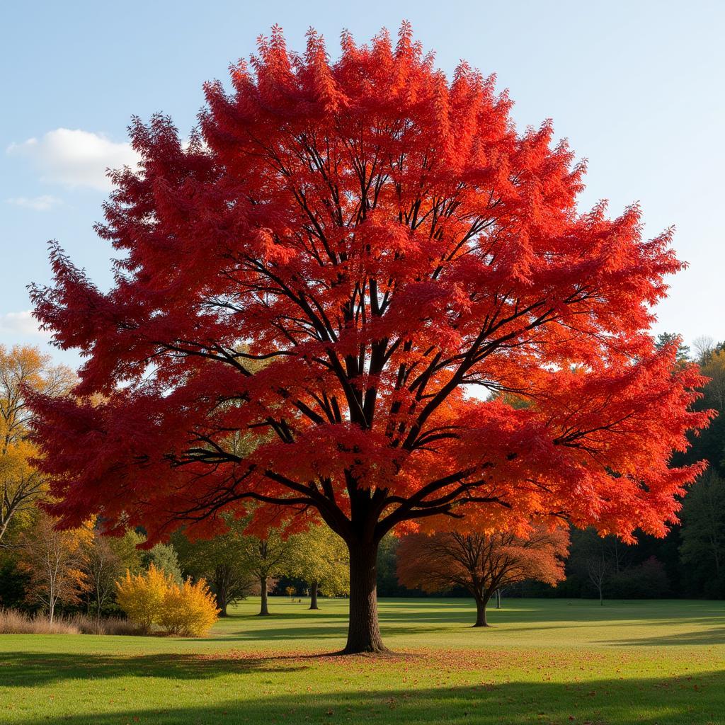 Ruby Red Horse Chestnut in Autumn Landscape