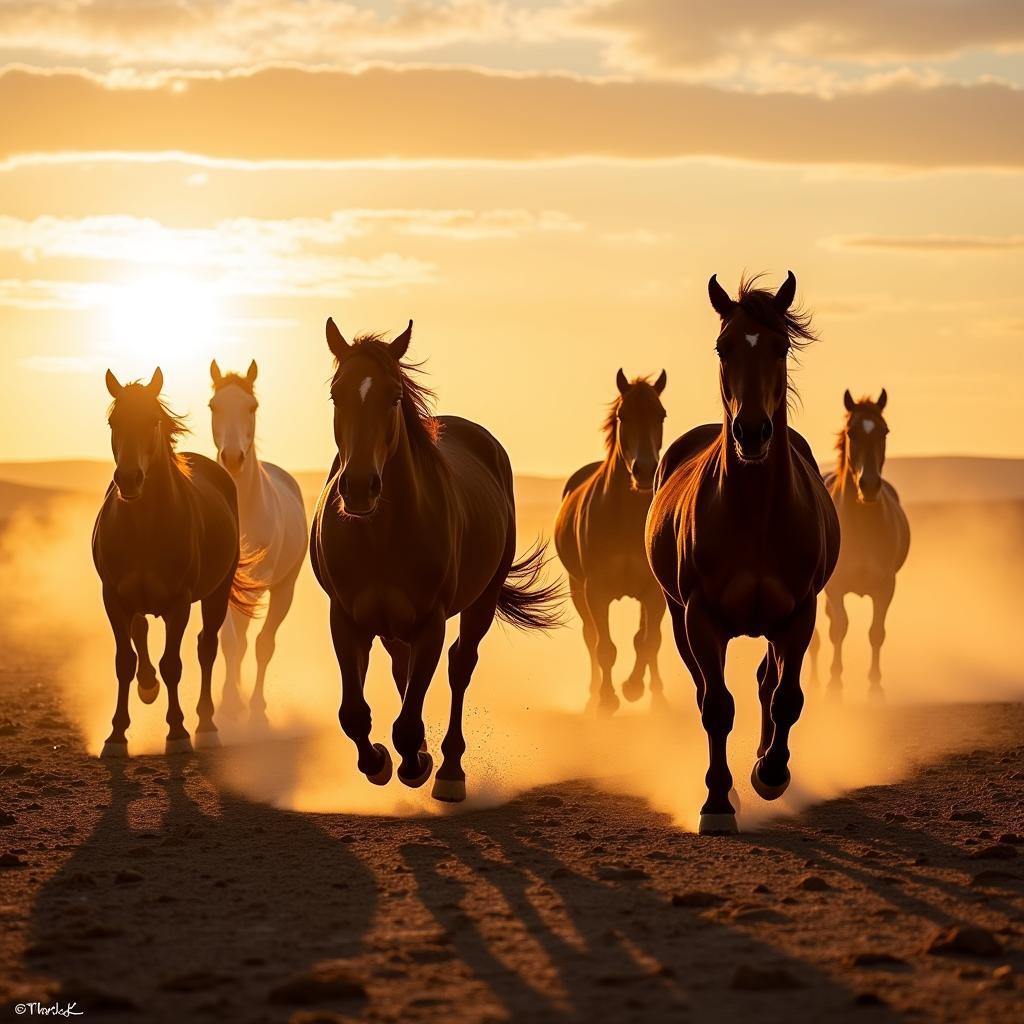 Wild Horses Running Across Plains: A dynamic painting depicting a herd of wild horses galloping across a vast, sun-drenched plain, their manes and tails flowing in the wind.