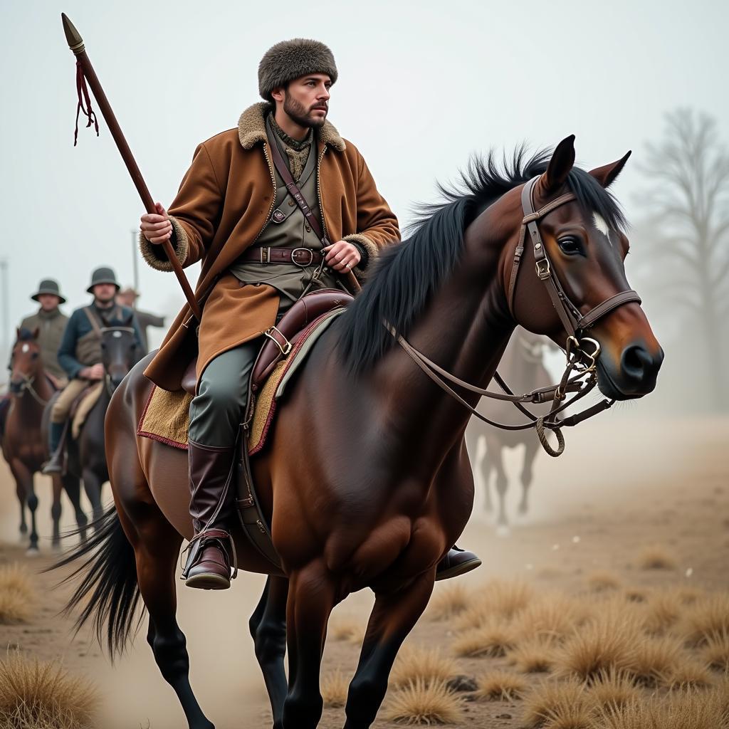 Russian Don horse with a Cossack rider demonstrating their historical partnership