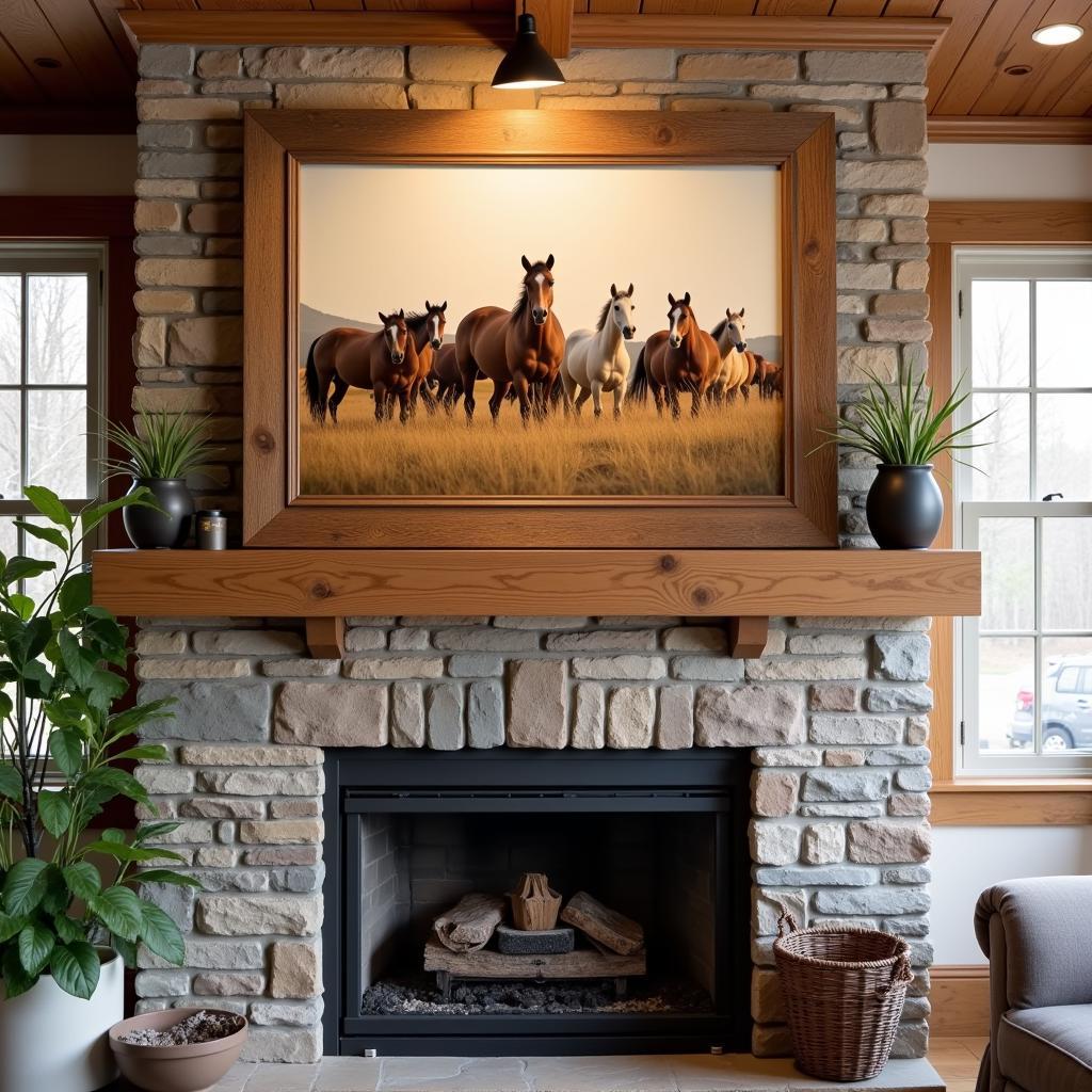 Rustic Framed Horse Print Hanging Above a Stone Fireplace in a Cozy Living Room