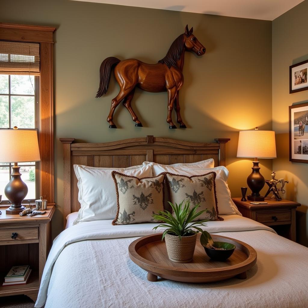 Rustic Horse Decor Bedroom: A bedroom featuring rustic horse decor elements, including a wood horse cutout and race horse decor.