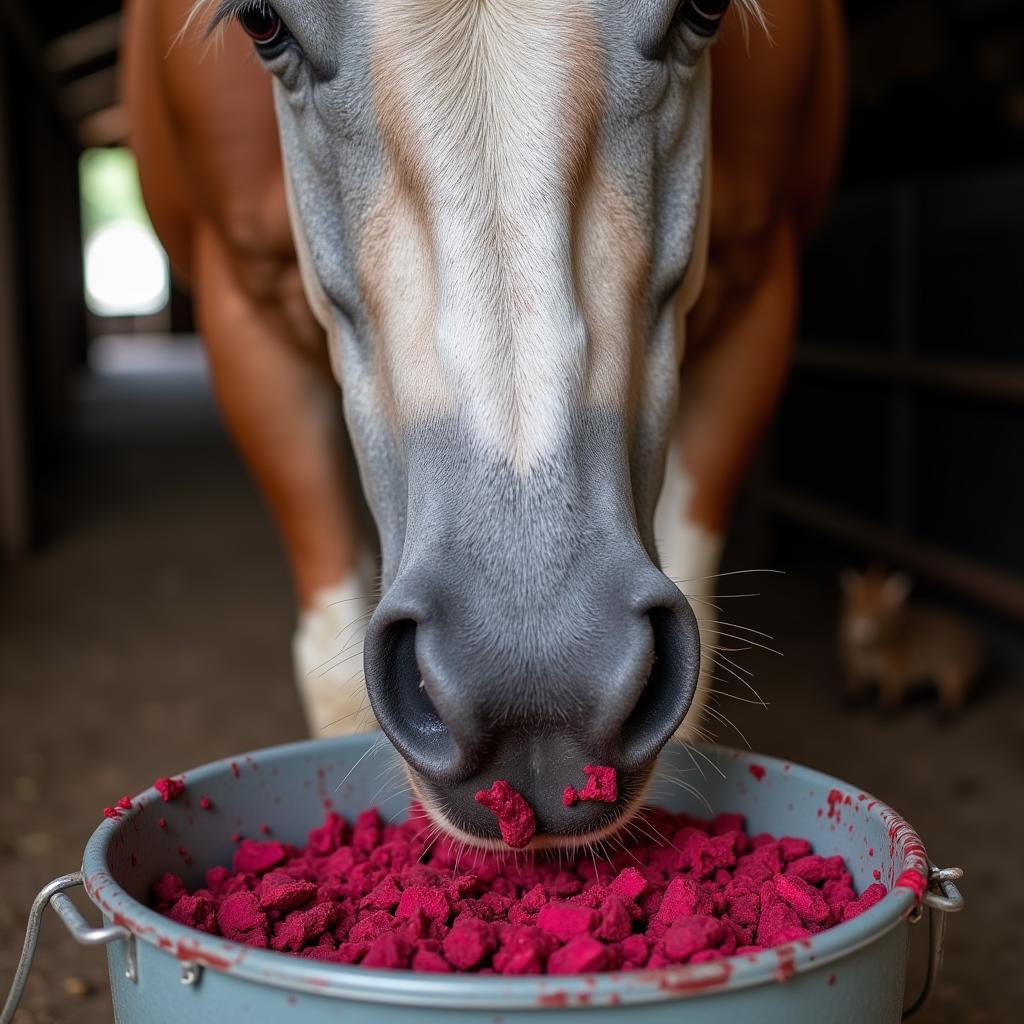 Senior horse enjoying beet pulp enriched feed