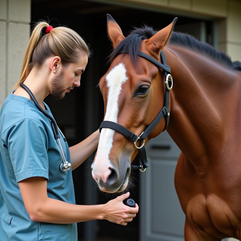 A senior horse receiving veterinary care