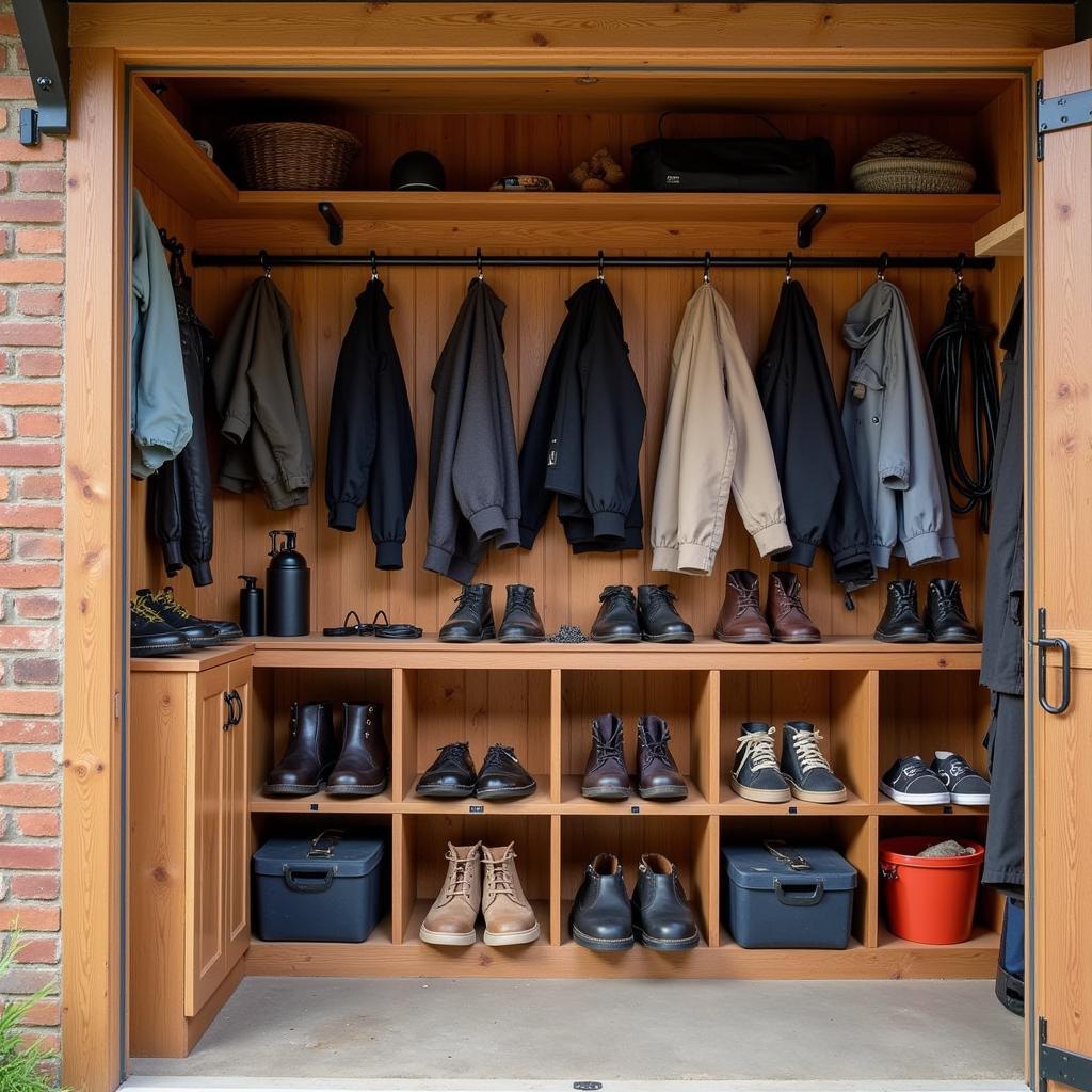 Well-organized tack room within a six stall horse barn featuring ample storage and equipment.