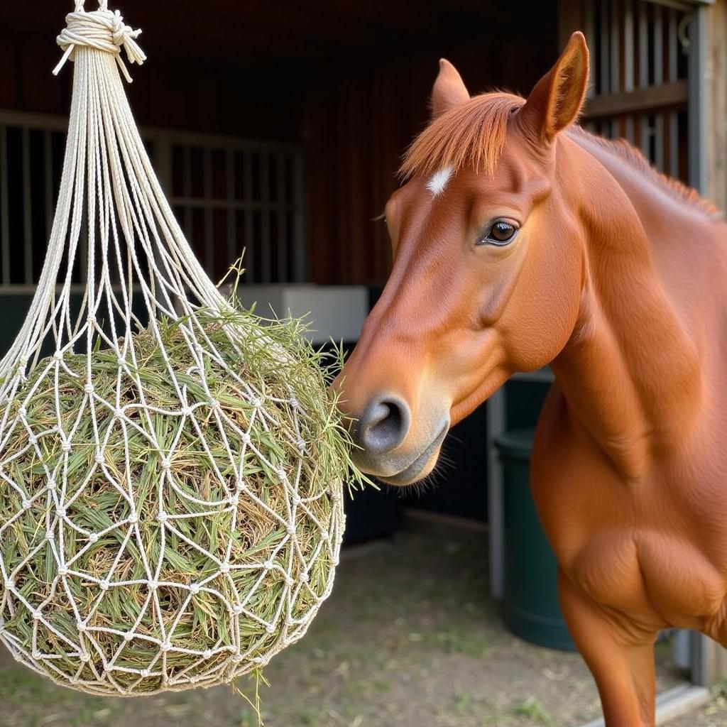 Horse enjoying a slow feeder hay net