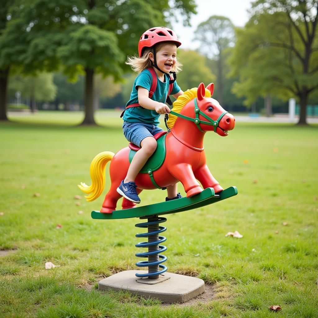 Child Playing on a Spring Horse Outdoors