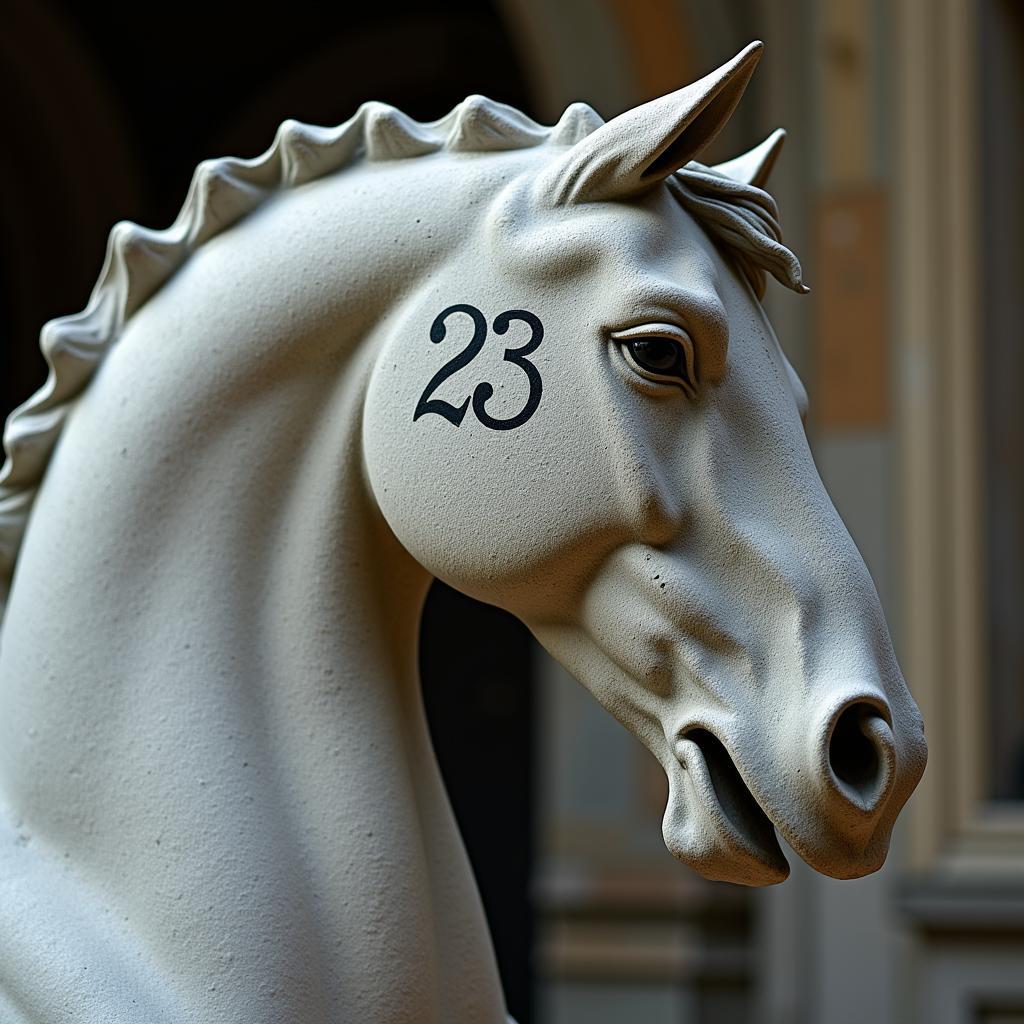 Stone Horse 23 Statue: A majestic depiction of a powerful horse, possibly carved from stone, showcasing intricate details and artistic craftsmanship.