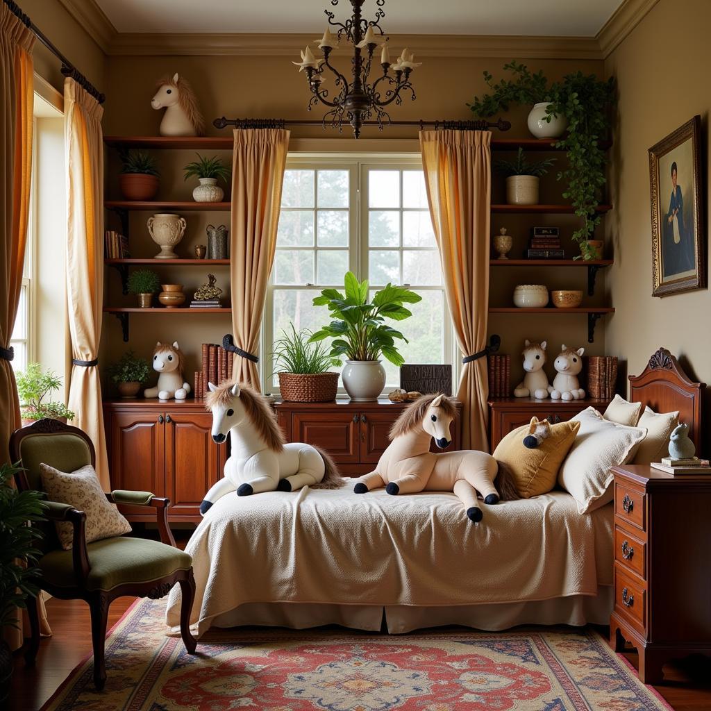 A beautifully decorated room featuring a collection of stuffed horse animals displayed on shelves and furniture.