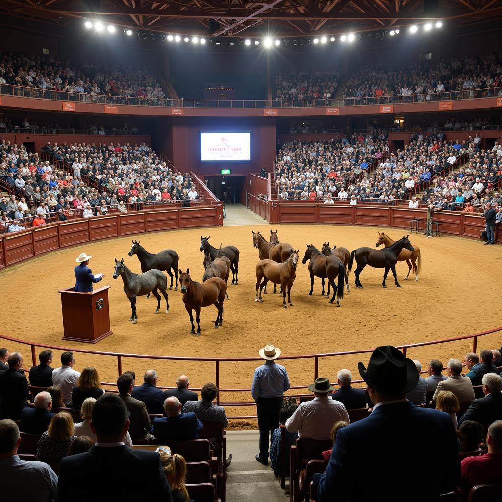 Texas Horse Sale Auction: A bustling scene with horses being presented to potential buyers.