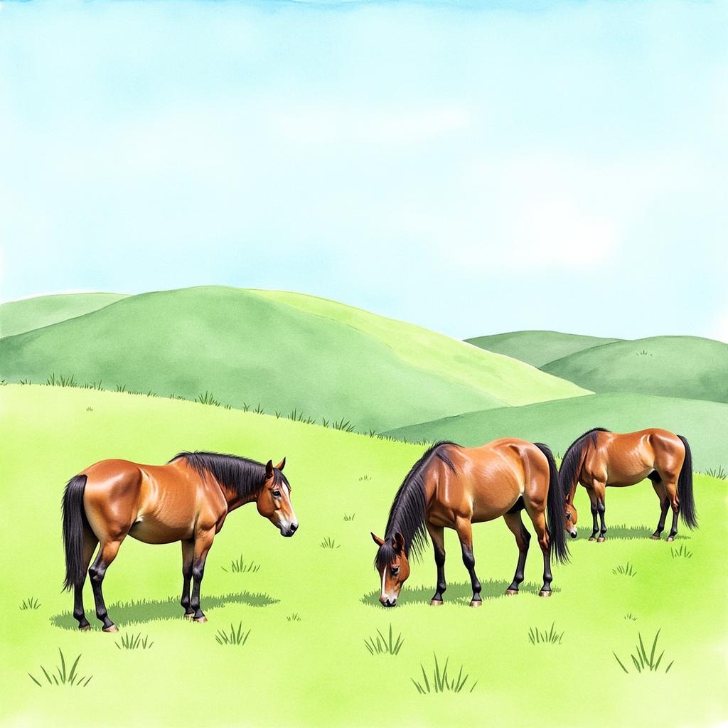 Three Horses Grazing in a Peaceful Landscape