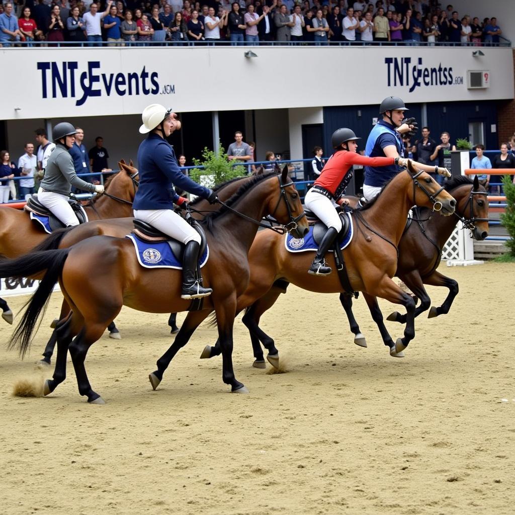 Equestrians competing in a jumping event at a TNT horse show