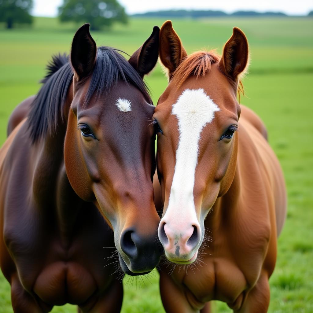 Two horses nuzzling, demonstrating the strong bonds of friendship that horses share with each other.