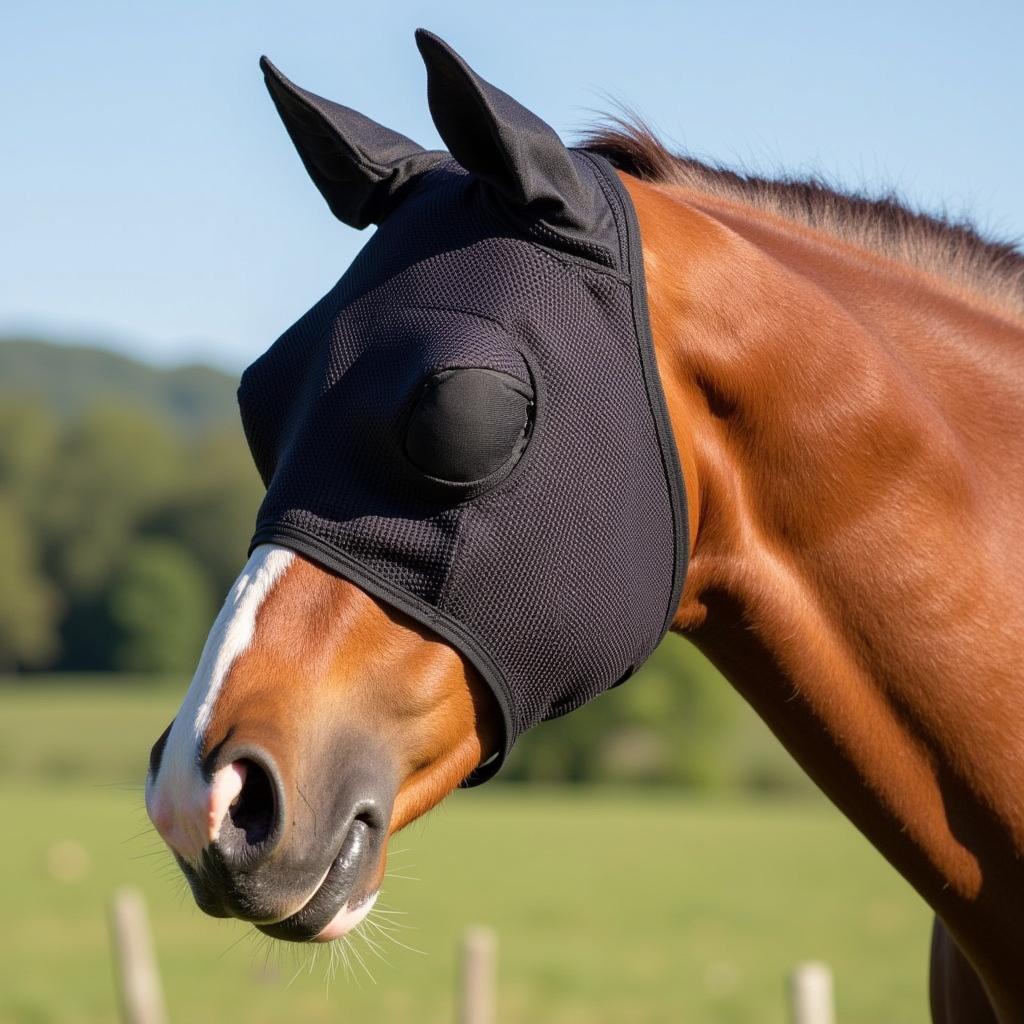 Close-up of a horse wearing a UV fly mask