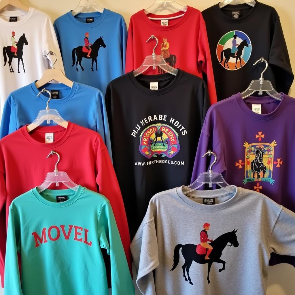 Variety of horse crewnecks displayed on hangers