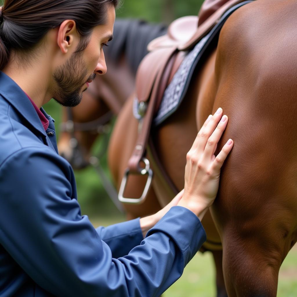 Veterinarian carefully examining a horse