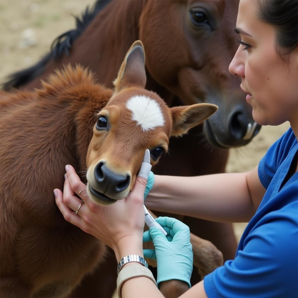 Veterinarian Examining a Newborn Foal