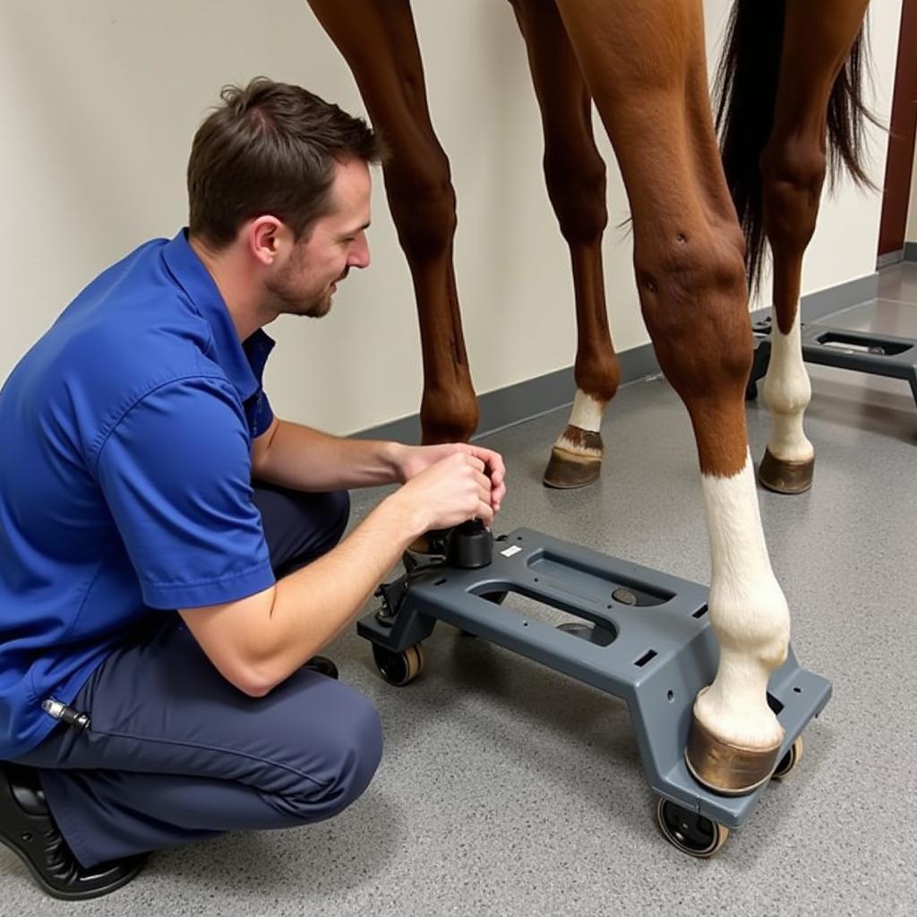 Veterinarian Examining Hoof on a Stand