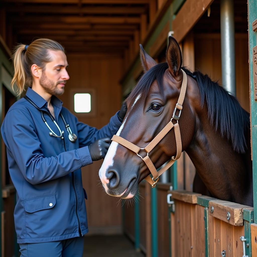 Veterinarian Examining a Horse in a Stable