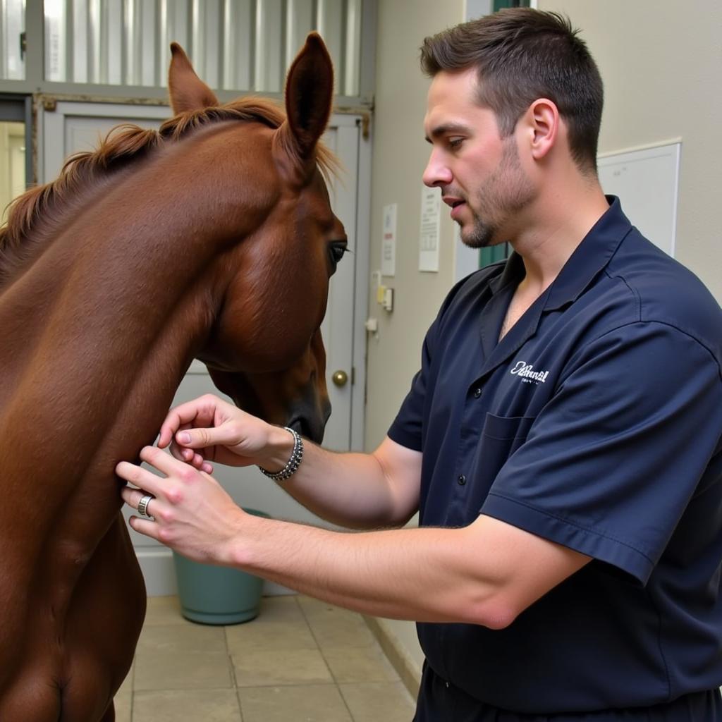 Veterinarian examining a horse for potential hypothyroidism.