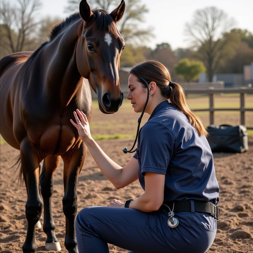 Veterinarian examining a horse for liver health.