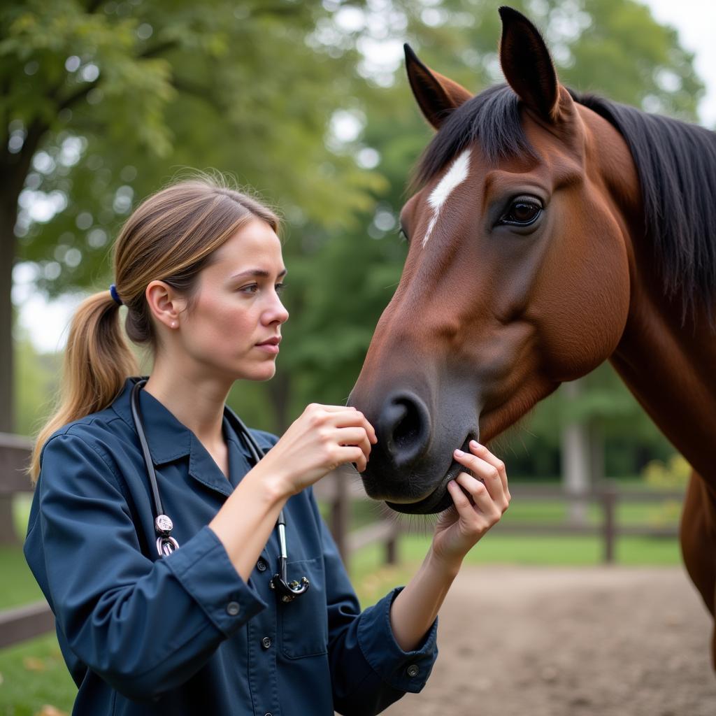 Veterinarian Examining a Horse for Ticks