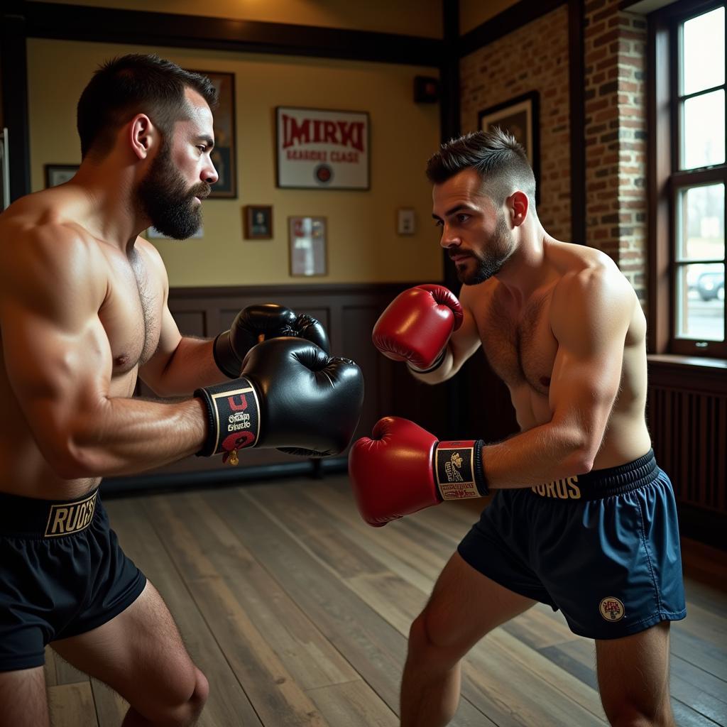 Vintage Boxing Training with Horse Hair Gloves: Two boxers sparring with horse hair gloves in a vintage boxing gym.