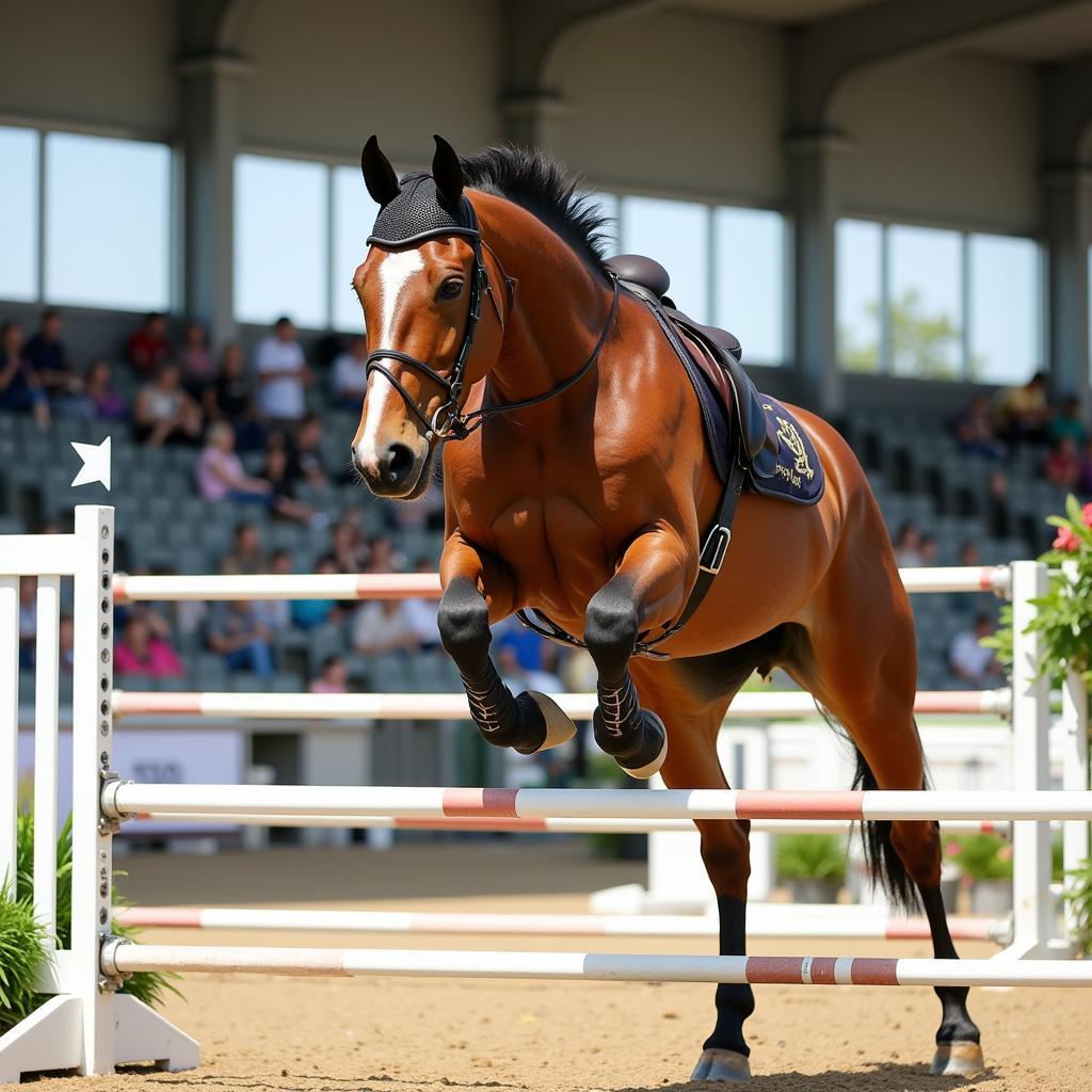 Warmblood horse showcasing perfect jumping form over an obstacle