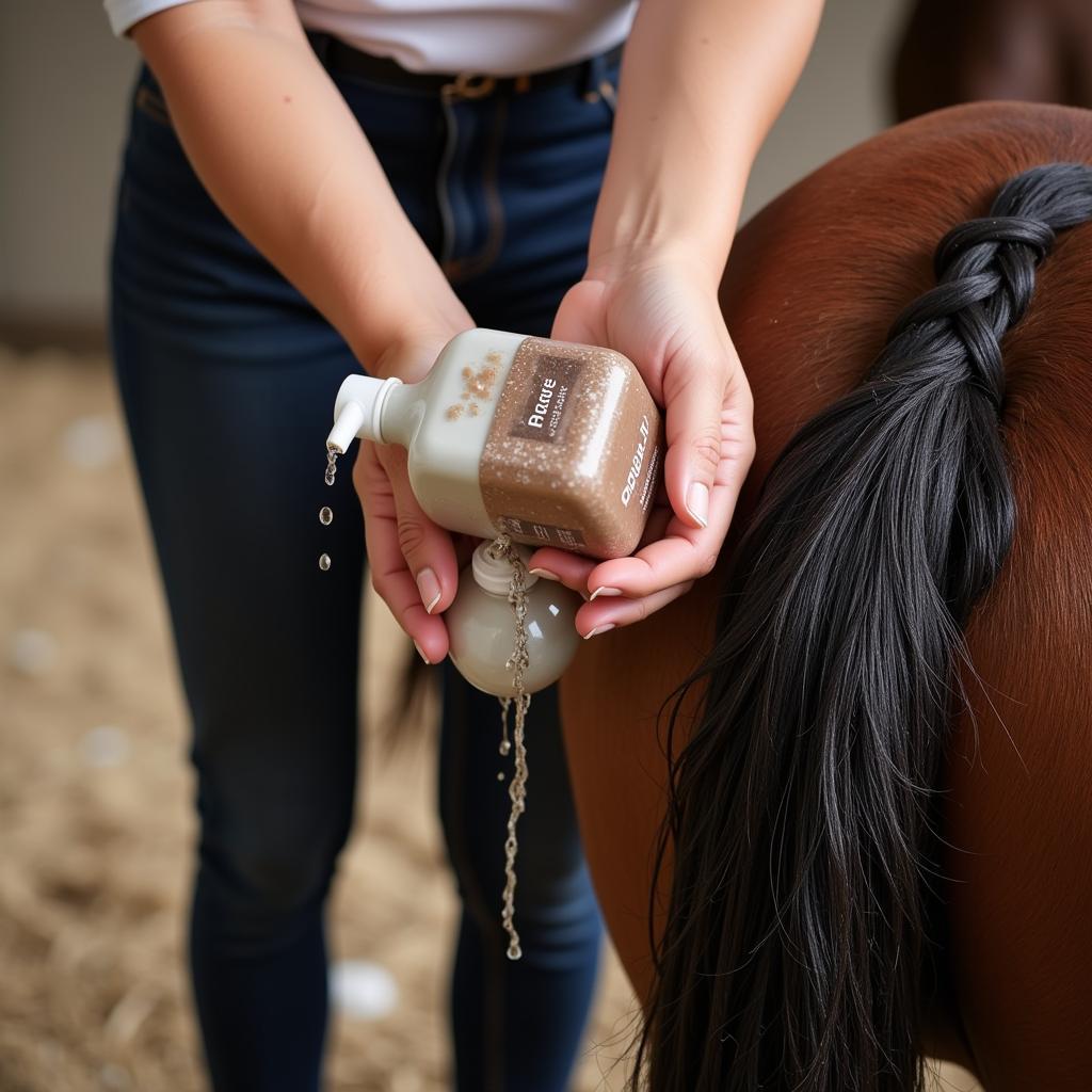 Washing and drying a horse's dreadlocks.