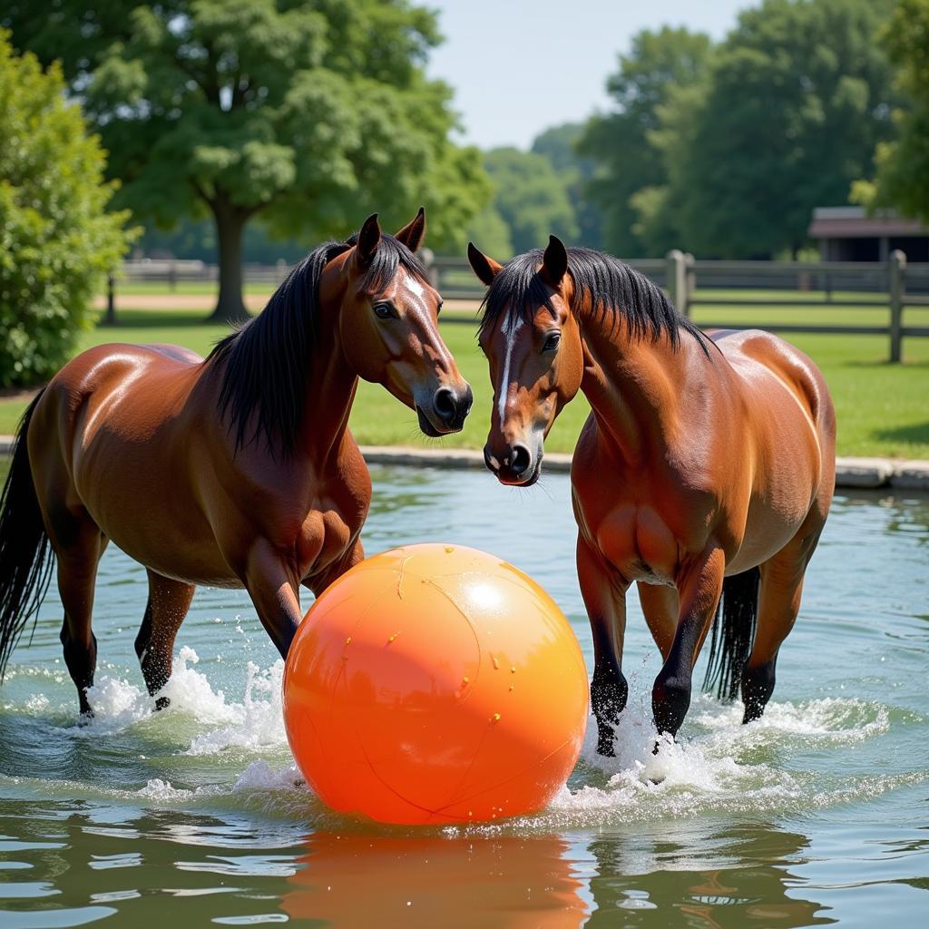 Horses Playing Water Horse Football in a Shallow Pond