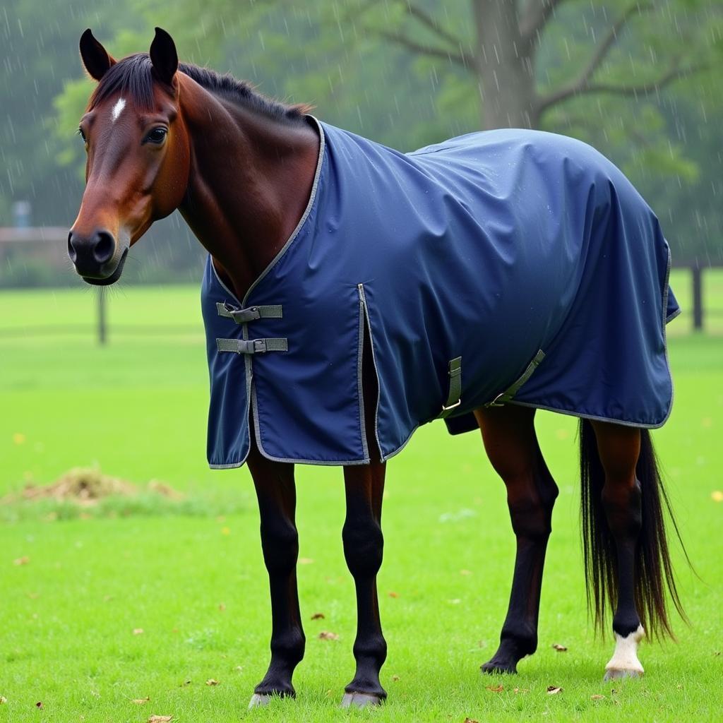 Horse wearing a waterproof blanket in the rain