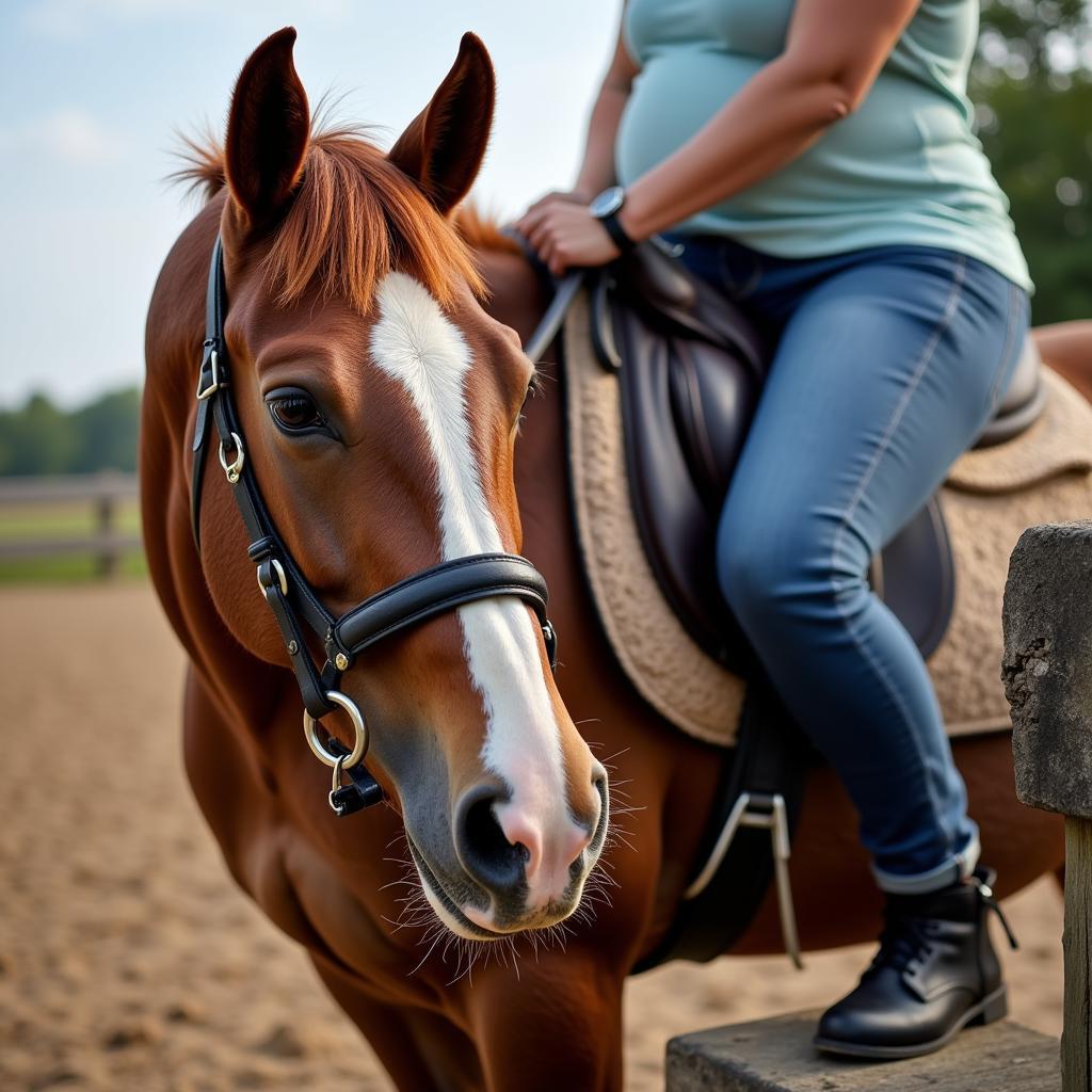 A well-trained horse stands patiently while a beginner rider mounts.