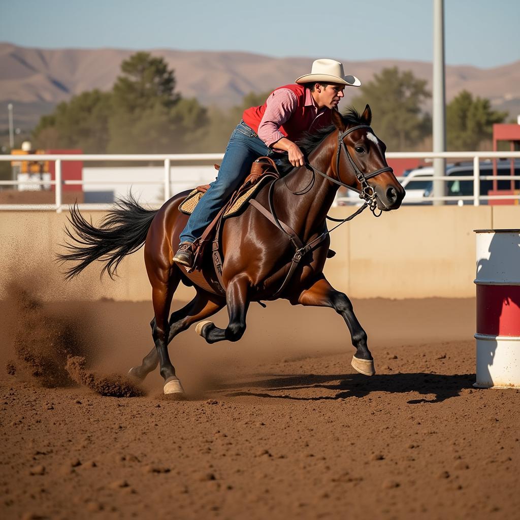 Western horse and rider competing in a barrel racing event