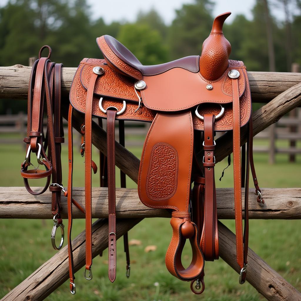 Essential western tack and equipment displayed on a wooden fence.