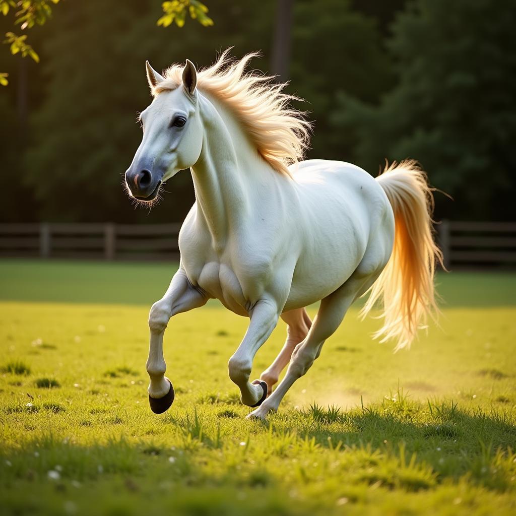 White Buckskin Horse Running in Pasture