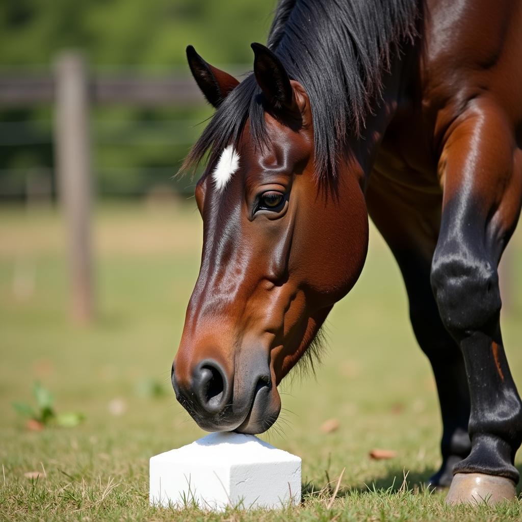 Horse licking a white salt block in the pasture