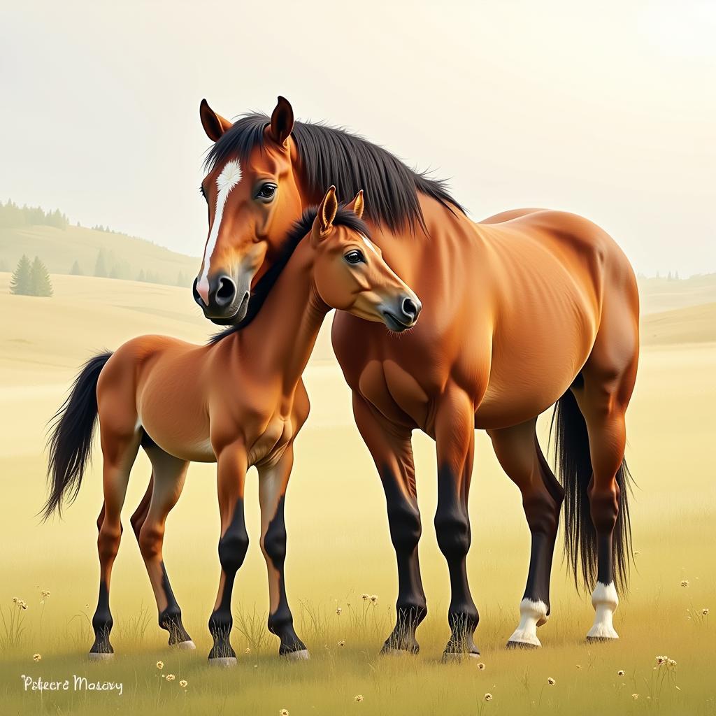 Wild Horse Mare and Foal: A touching portrayal of a wild horse mare and her foal grazing peacefully in a meadow, bathed in the warm glow of the setting sun. 