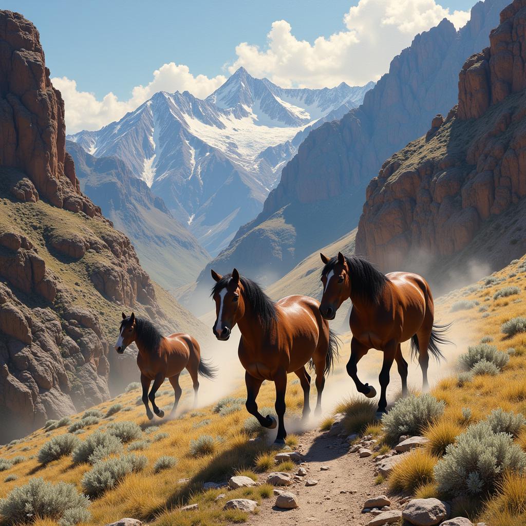 Wild Horses Galloping in Mountainous Terrain:  A dramatic painting featuring a group of wild horses galloping across a rugged mountain landscape, their powerful strides echoing through the valleys.