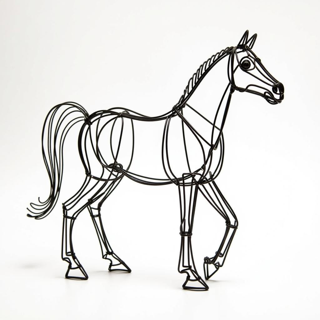 A minimalist wire horse sculpture emphasizing the horse's elegant form through simple lines and curves.