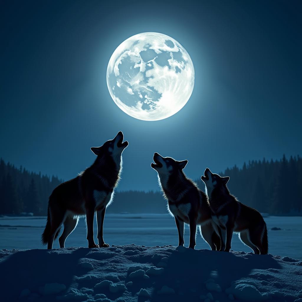 Wolf Pack Howling at the Moon