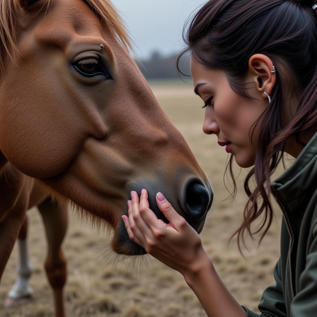 Woman Comforting Injured Horse