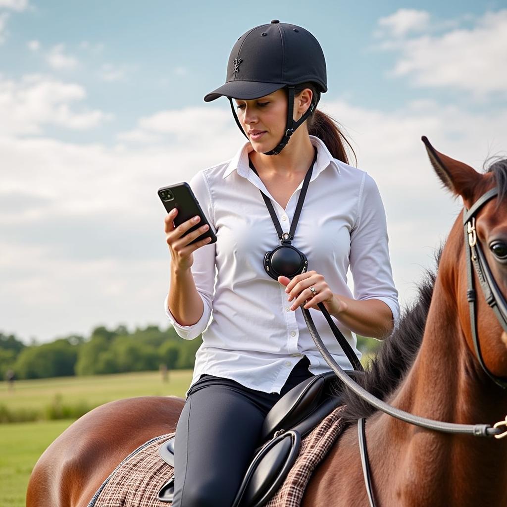 Woman using cell phone while riding horse