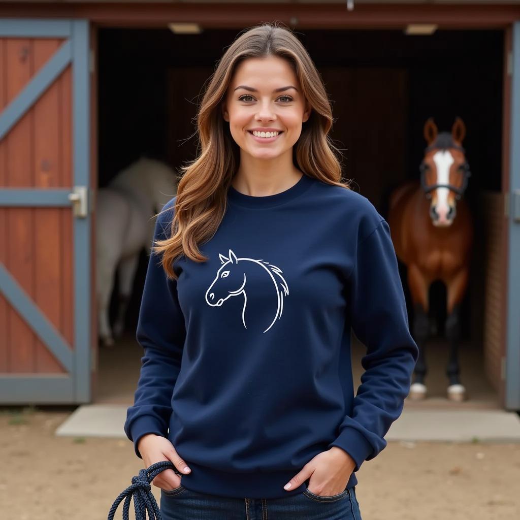 Woman wearing a horse crewneck sweatshirt at the stable