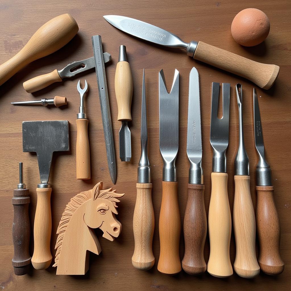 Wood Carving Tools Used in Creating a Horse Statue