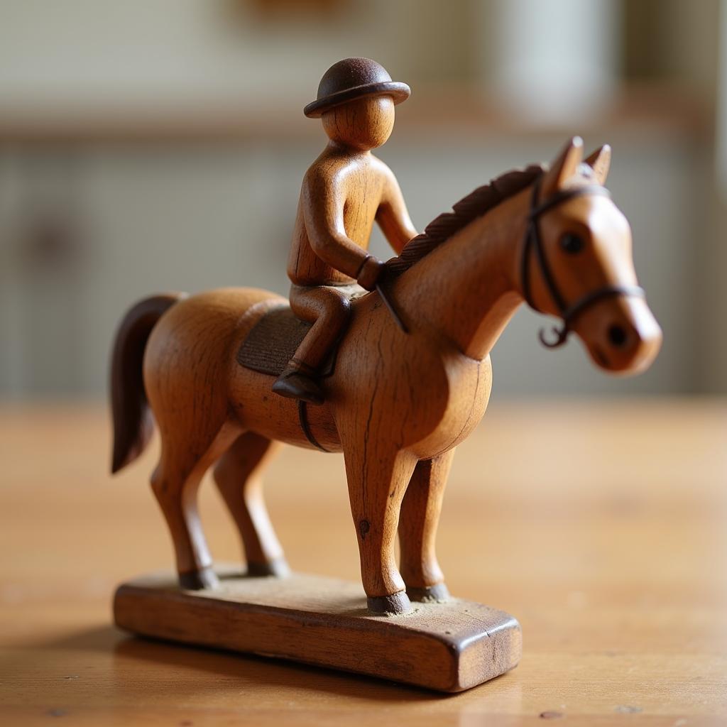 Hand-Carved Wooden Horse Jockey Figurine with Rustic Charm