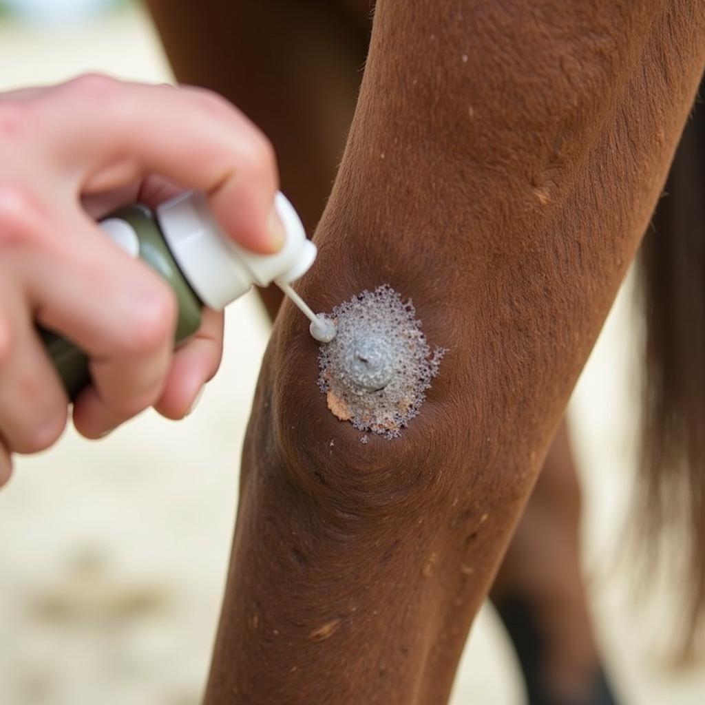 Applying Wound Kote to a Horse's Leg Wound