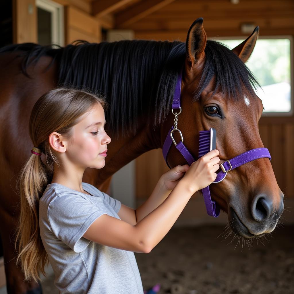 Young Girl Grooming Horse in Salem Oregon